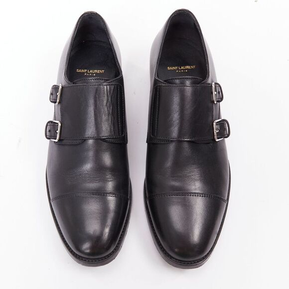SAINT LAURENT black leather silver buckle double monk strap oxford shoes EU35.5 - Picture 2 of 10